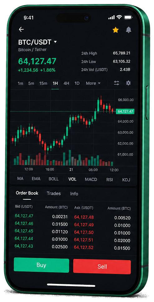 Interface mobile de trading Altvecto — cours BTC/USDT en direct, carnet d’ordres et outils de surveillance des opérations